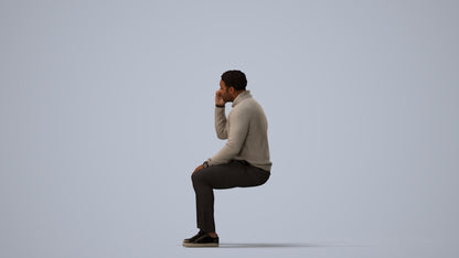 3D human model man casual sitting, photogrammetry scanned person for archviz, three-quarter view render