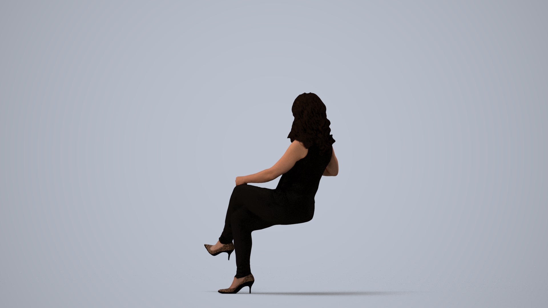realistic 3D human woman casual sitting, archviz people FBX OBJ for Blender, three-quarter view render