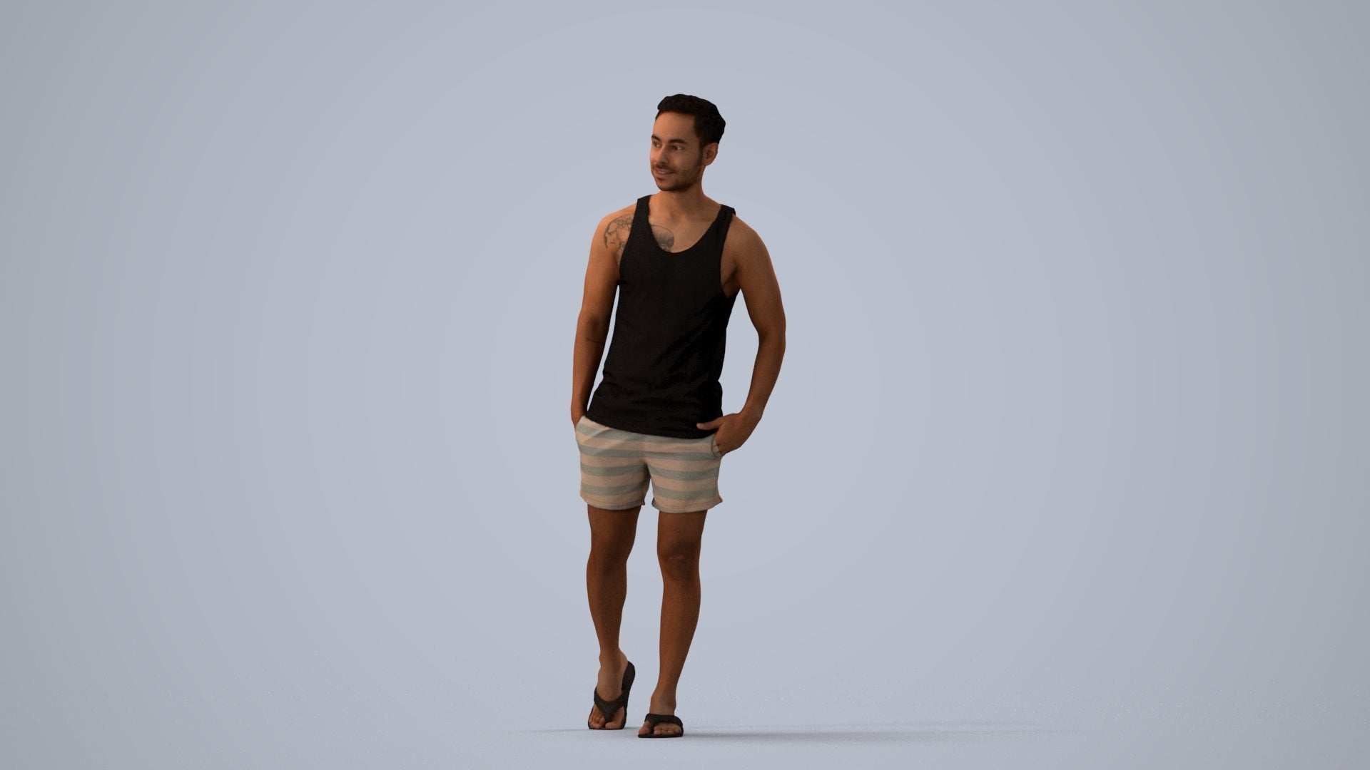 photogrammetry 3D man casual walking, realistic human model archviz FBX, three-quarter view render