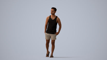 photogrammetry 3D man casual walking, realistic human model archviz FBX, three-quarter view render