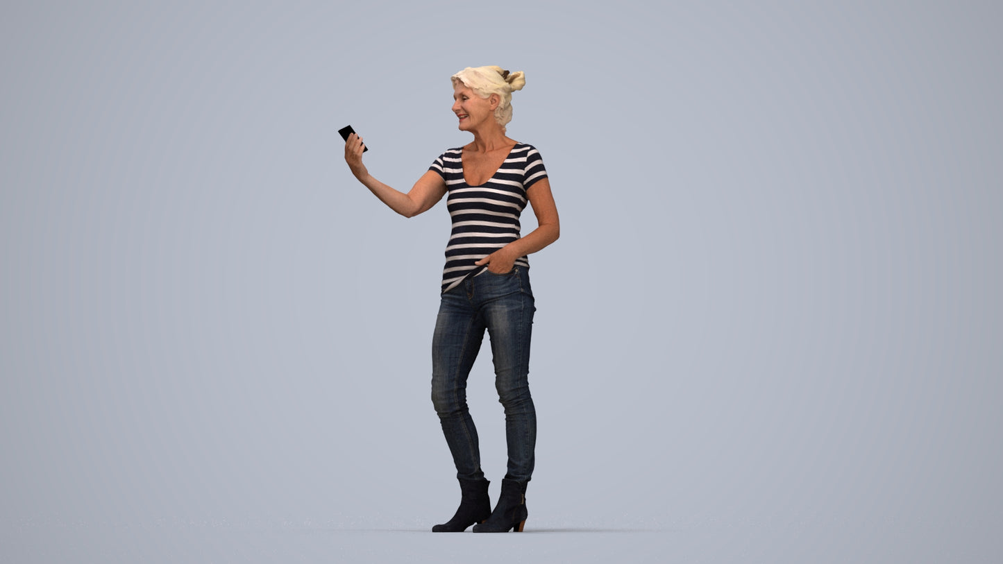 realistic 3D people senior woman casual standing, render-ready for V-Ray and Corona, FBX OBJ, top-down view render