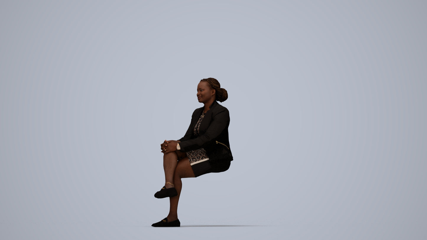3D human model woman business sitting, photogrammetry scanned person for archviz, top-down view render