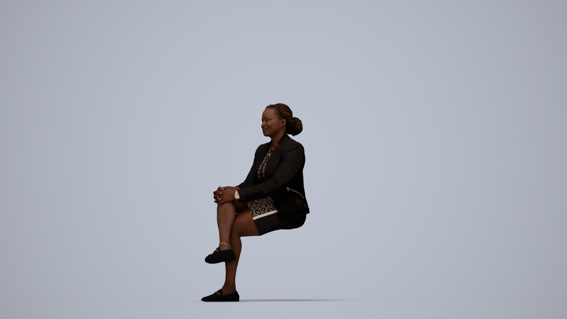 3D human model woman business sitting, photogrammetry scanned person for archviz, top-down view render