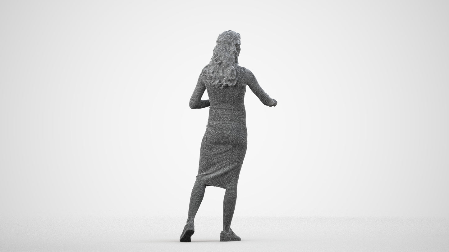 3D human model woman casual standing, photogrammetry scanned person for archviz, wireframe side view