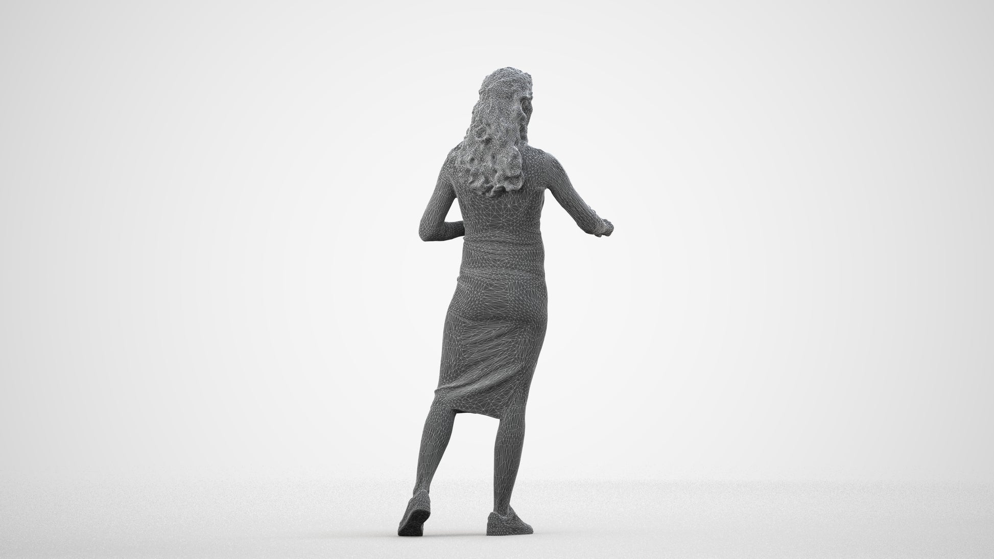 3D human model woman casual standing, photogrammetry scanned person for archviz, wireframe side view