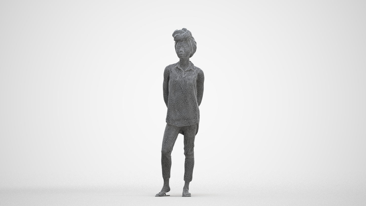 3D human model woman casual standing, photogrammetry scanned person for archviz, three-quarter front view render