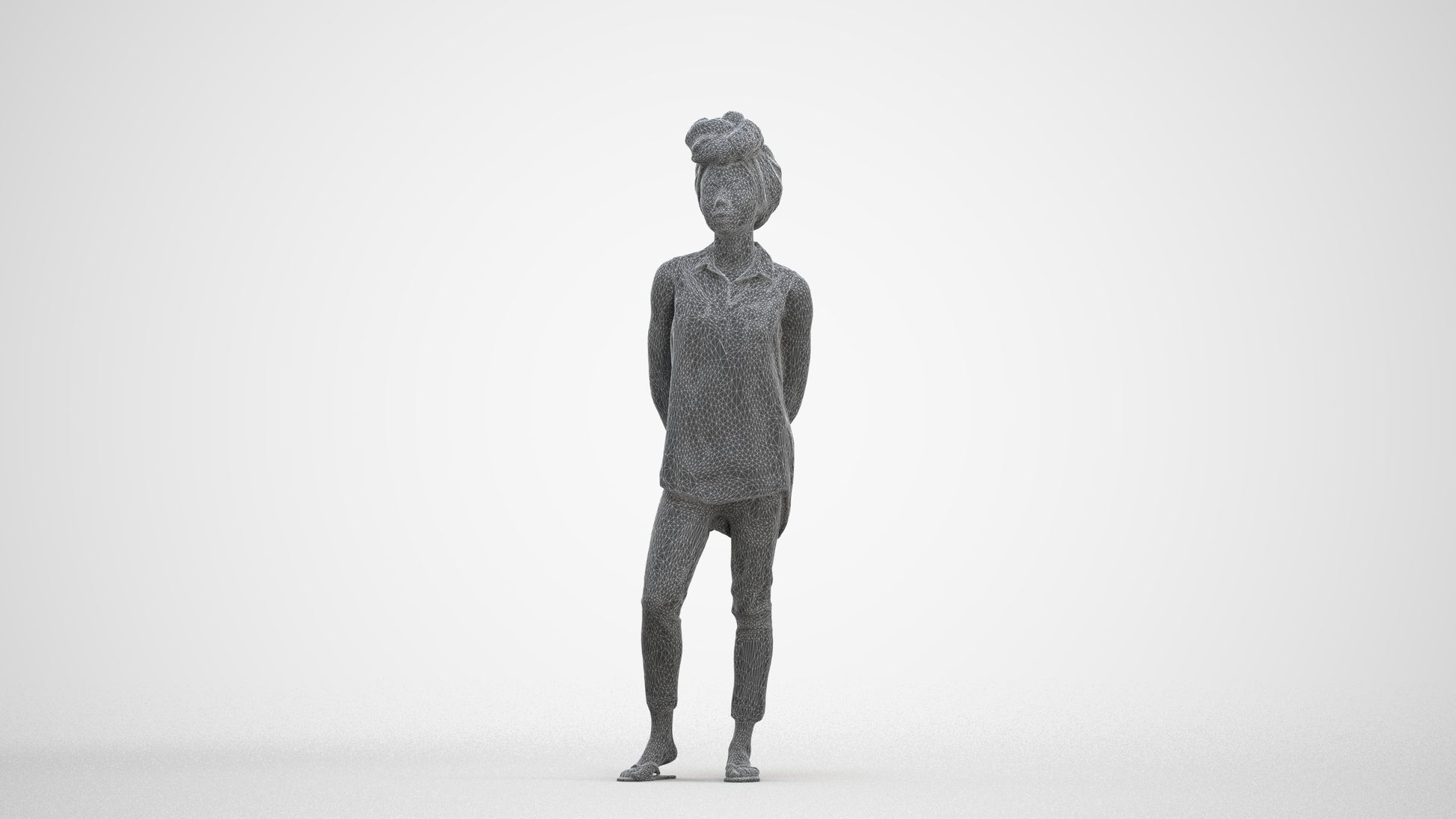 3D human model woman casual standing, photogrammetry scanned person for archviz, three-quarter front view render