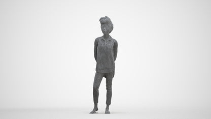 3D human model woman casual standing, photogrammetry scanned person for archviz, three-quarter front view render