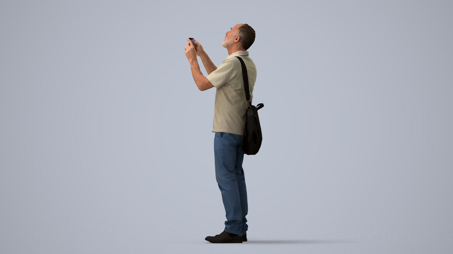 3D people model senior man casual standing, scanned human for 3ds Max rendering, three-quarter view render