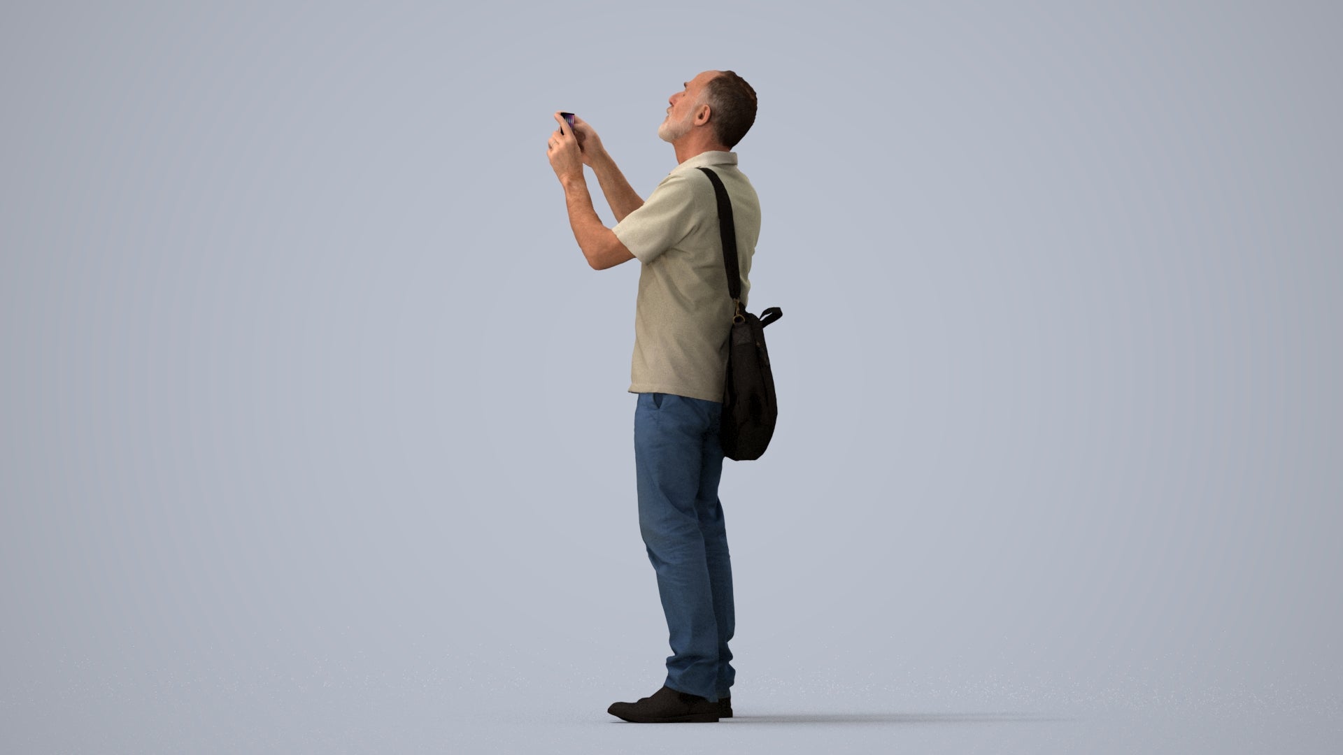 3D people model senior man casual standing, scanned human for 3ds Max rendering, three-quarter view render