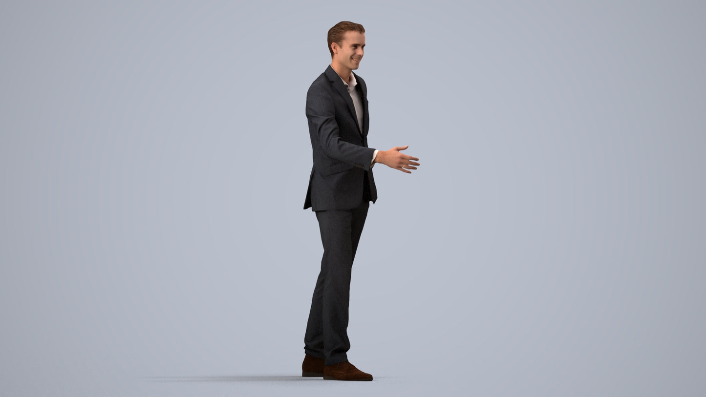 realistic 3D human man business, archviz people FBX OBJ for Blender, side view render