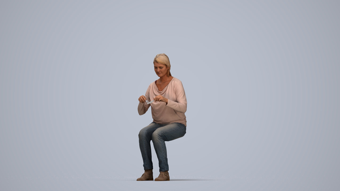 scanned 3D woman casual sitting, photogrammetry people for Enscape and V-Ray, top-down view render