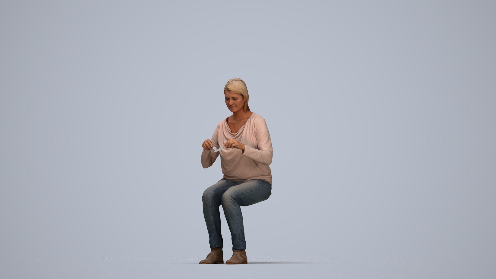 scanned 3D woman casual sitting, photogrammetry people for Enscape and V-Ray, top-down view render