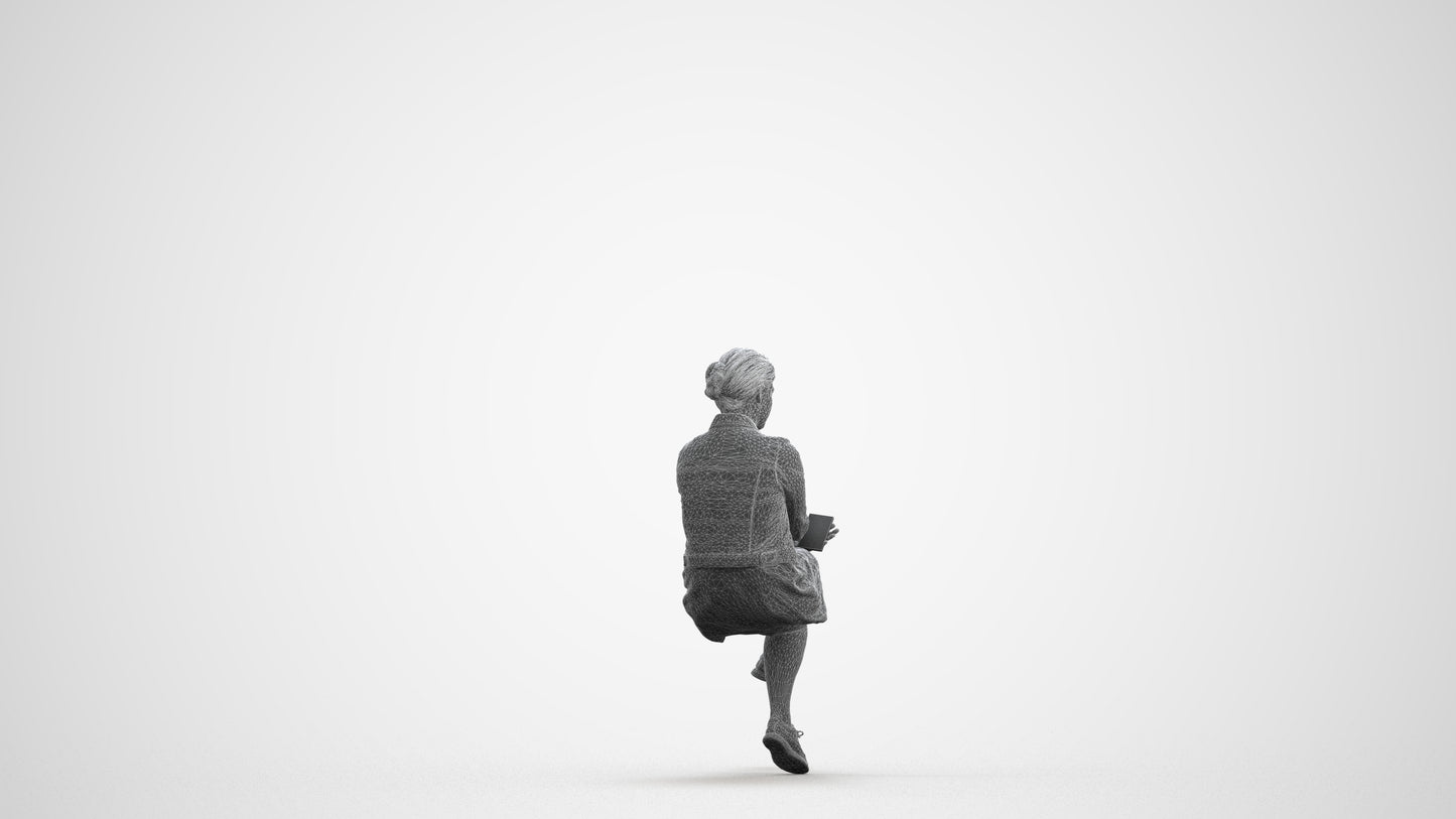 3D people model woman casual sitting, scanned human for 3ds Max rendering, wireframe front view