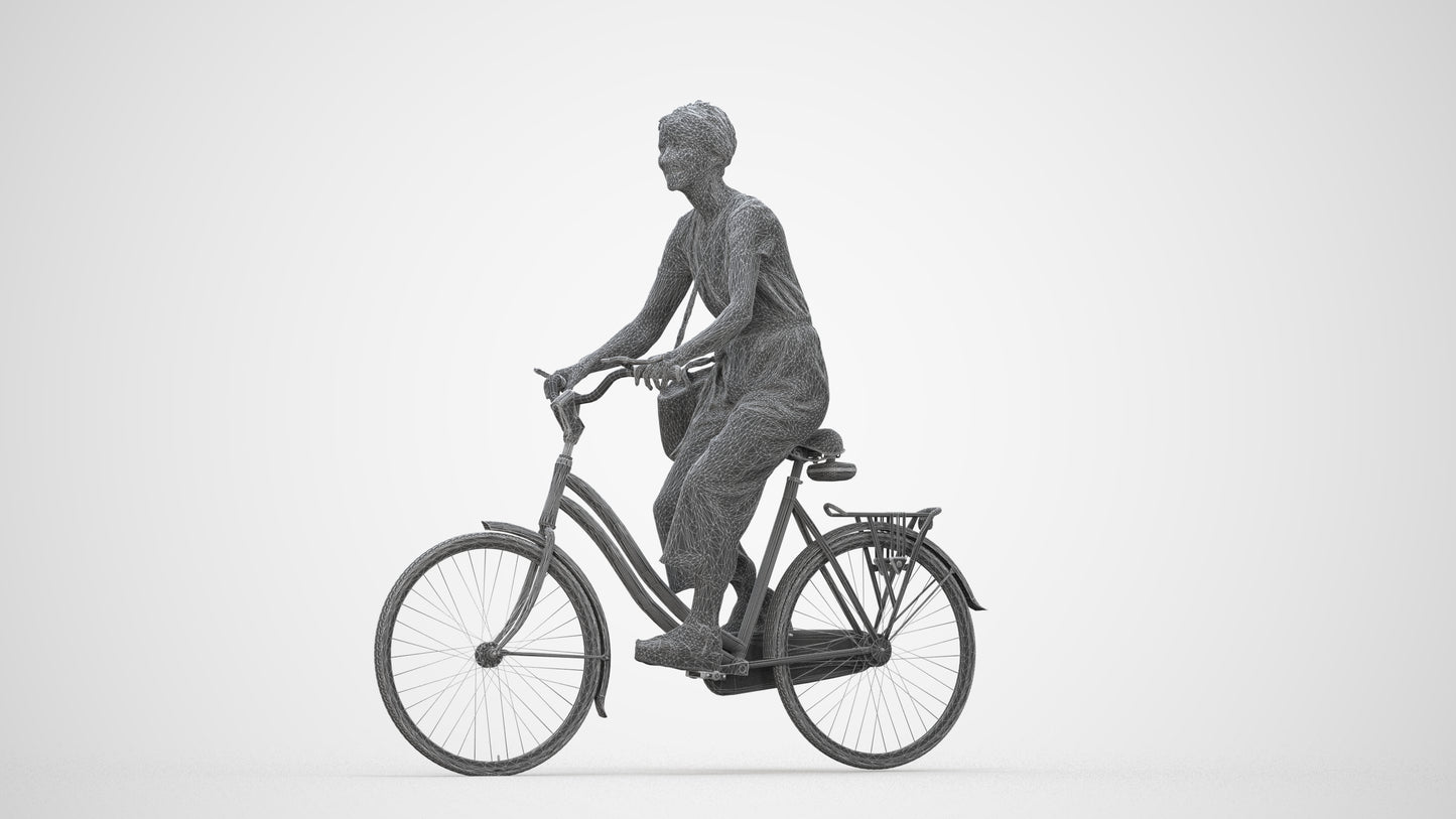 3D scanned senior woman cycling casual, photorealistic archviz people for Enscape and SketchUp, wireframe back view