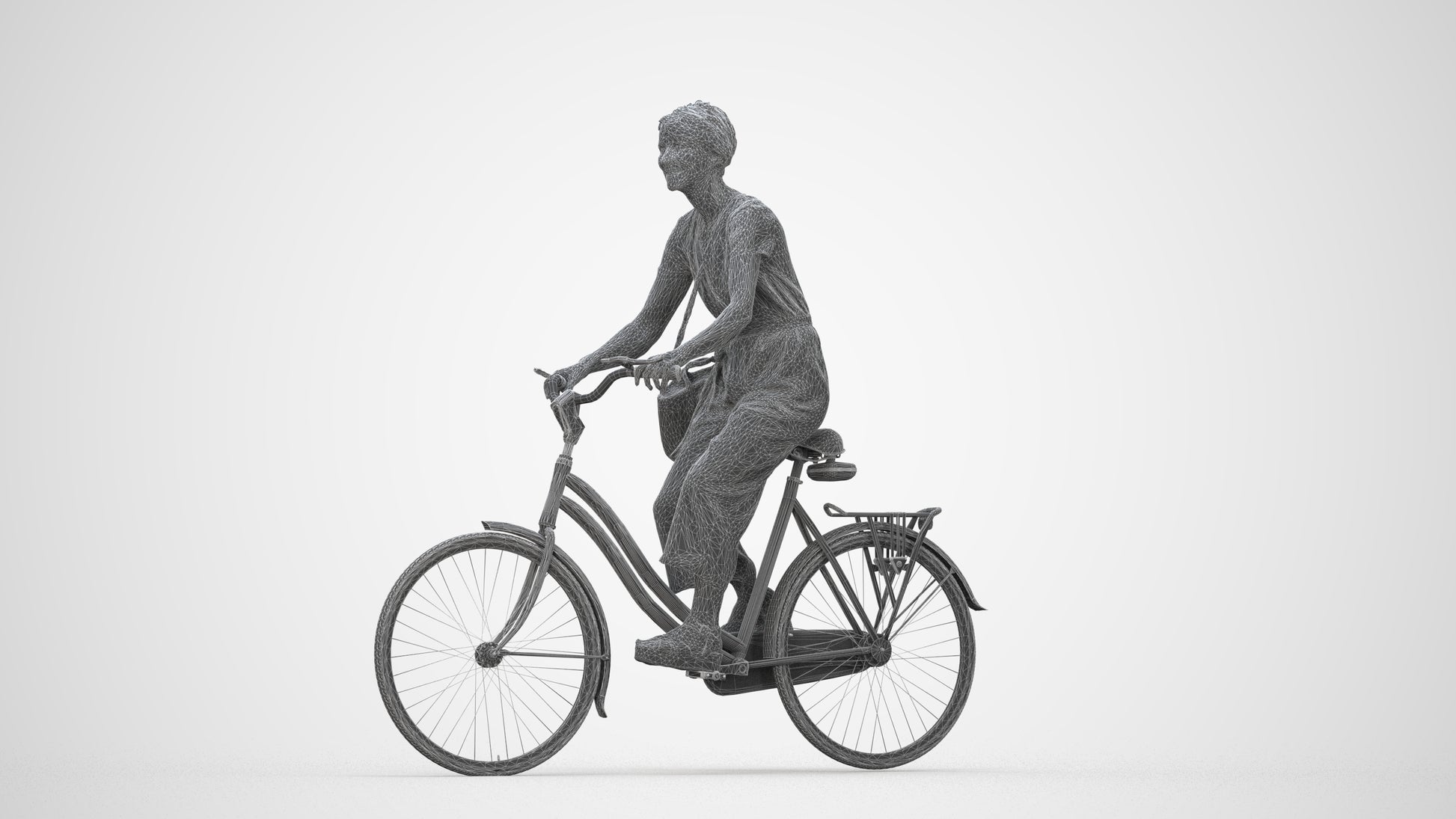 3D scanned senior woman cycling casual, photorealistic archviz people for Enscape and SketchUp, wireframe back view