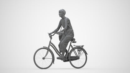 3D scanned senior woman cycling casual, photorealistic archviz people for Enscape and SketchUp, wireframe back view