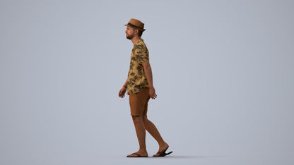 3D human model man walking, photogrammetry scanned person for archviz, three-quarter view render