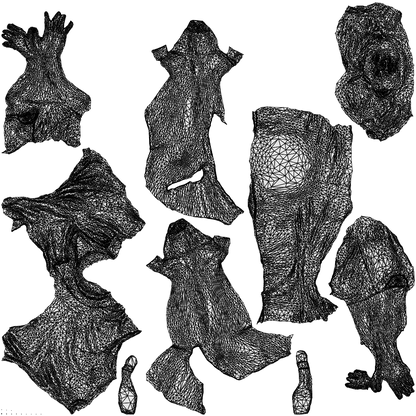 3D human model woman casual sitting, photogrammetry scanned person for archviz, wireframe top-down view