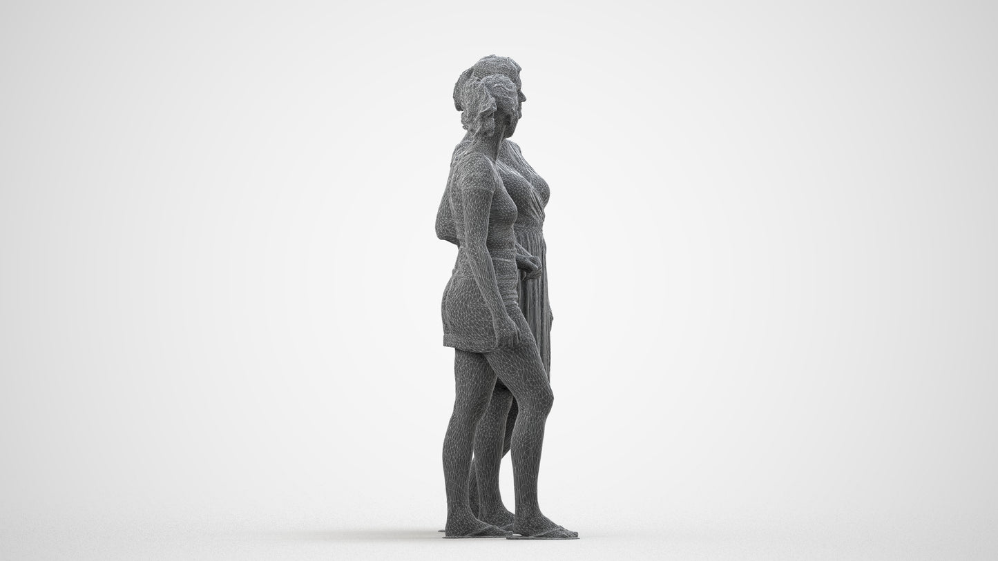 3D people model woman casual couple, scanned human for 3ds Max rendering, wireframe side view