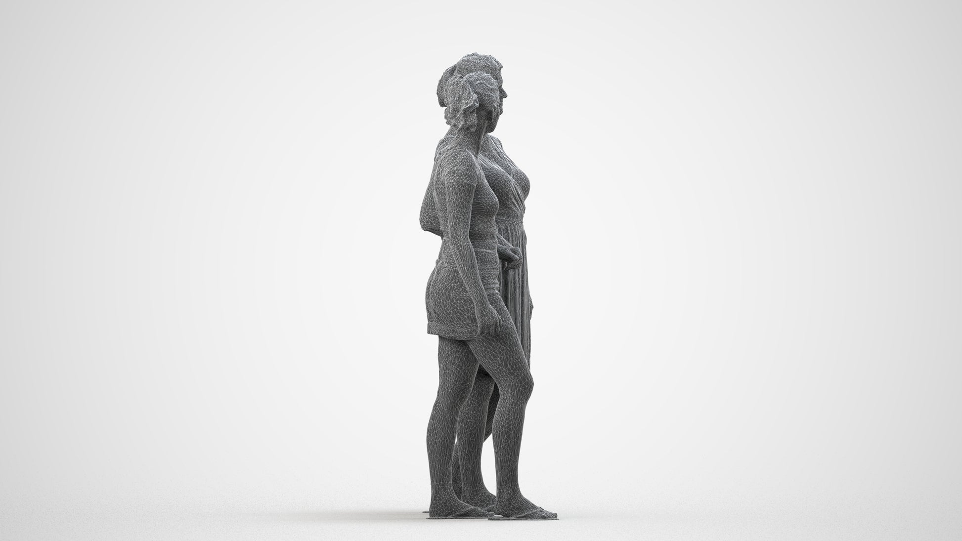 3D people model woman casual couple, scanned human for 3ds Max rendering, wireframe side view