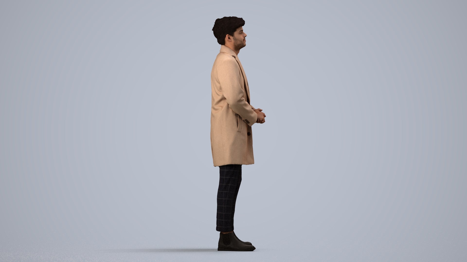 realistic 3D human man business standing, archviz people FBX OBJ for Blender, side view render