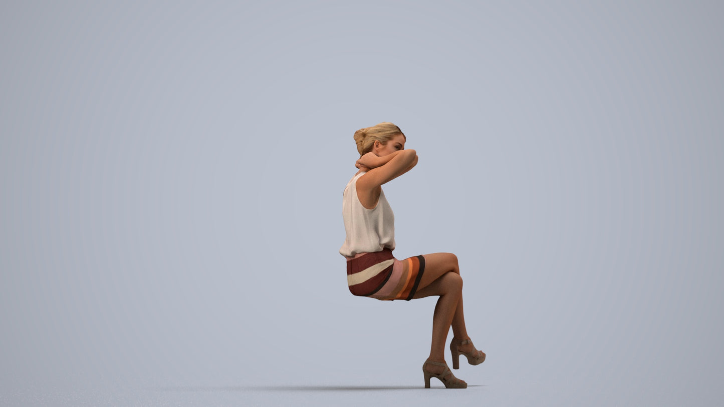 realistic 3D woman casual sitting, scanned archviz people for Blender and 3ds Max, side view render