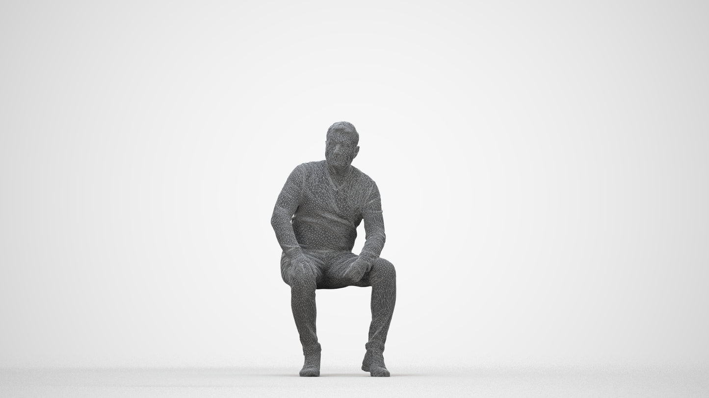 3D people model man casual sitting, scanned human for 3ds Max rendering, wireframe back view