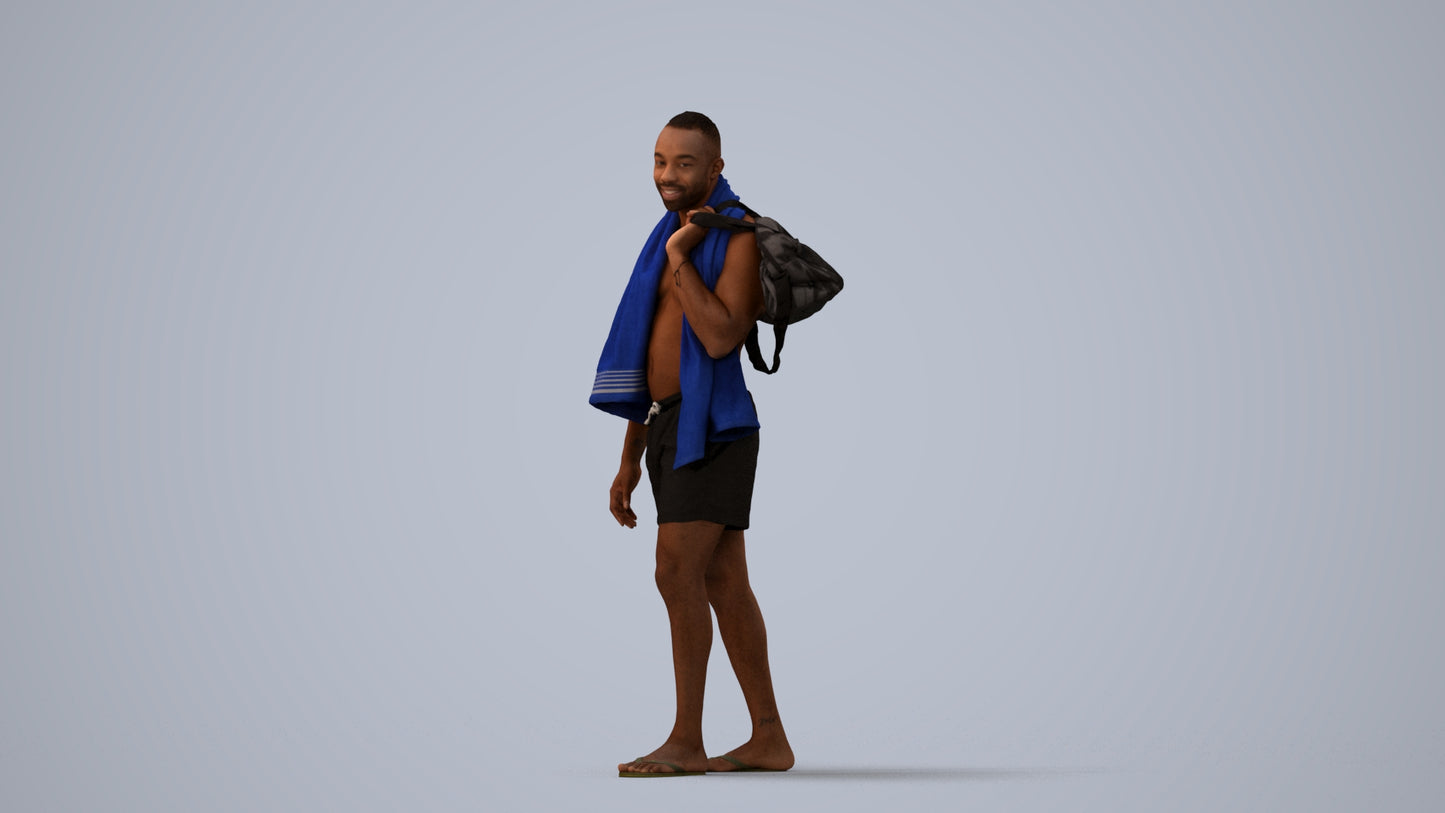 realistic 3D human man pool, archviz people FBX OBJ for Blender, three-quarter view render