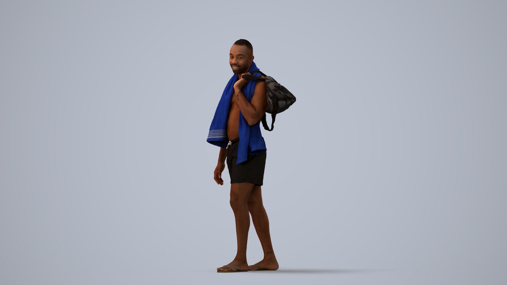 realistic 3D human man pool, archviz people FBX OBJ for Blender, three-quarter view render