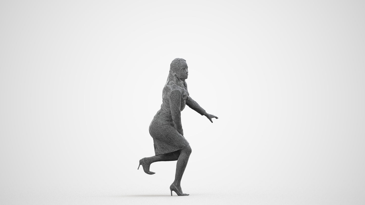 3D human model woman business sitting, photogrammetry scanned person for archviz, wireframe side view
