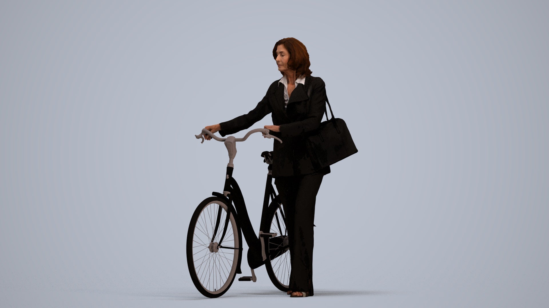 3D scanned senior woman cycling business, photorealistic archviz people for Enscape and SketchUp, standing pose render