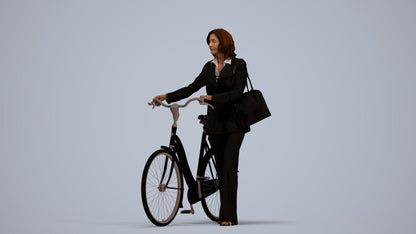 3D scanned senior woman cycling business, photorealistic archviz people for Enscape and SketchUp, standing pose render