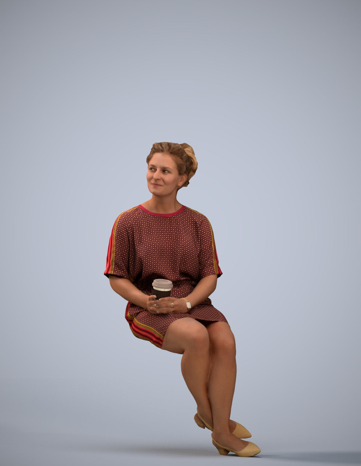 3D human model woman casual sitting, photogrammetry scanned person for archviz
