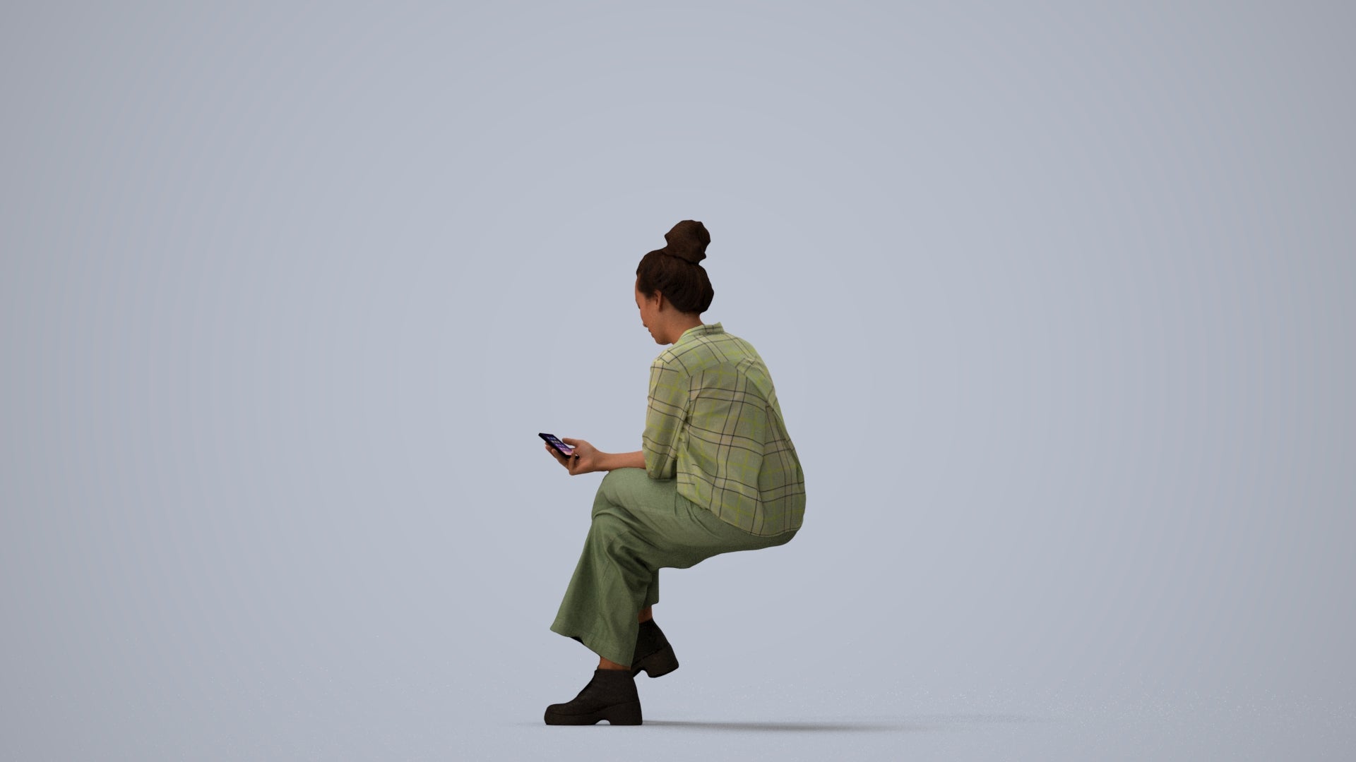 photogrammetry 3D woman casual sitting, realistic human model archviz FBX, three-quarter view render