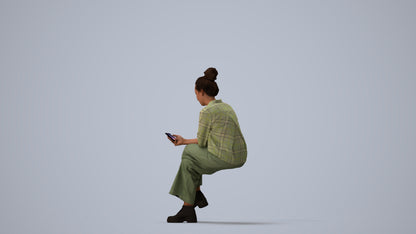 photogrammetry 3D woman casual sitting, realistic human model archviz FBX, three-quarter view render