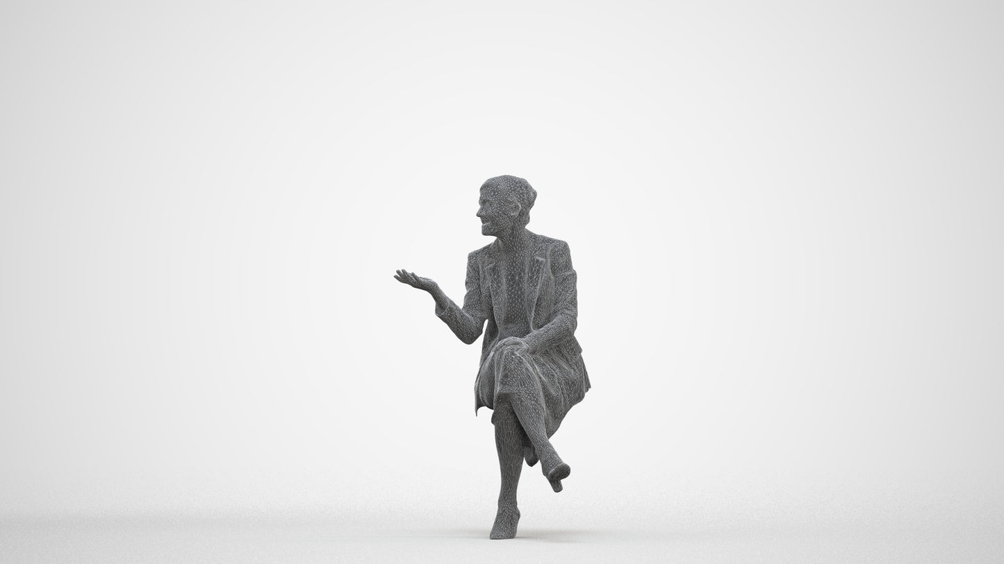 3D human model woman business sitting, photogrammetry scanned person for archviz, three-quarter front view render