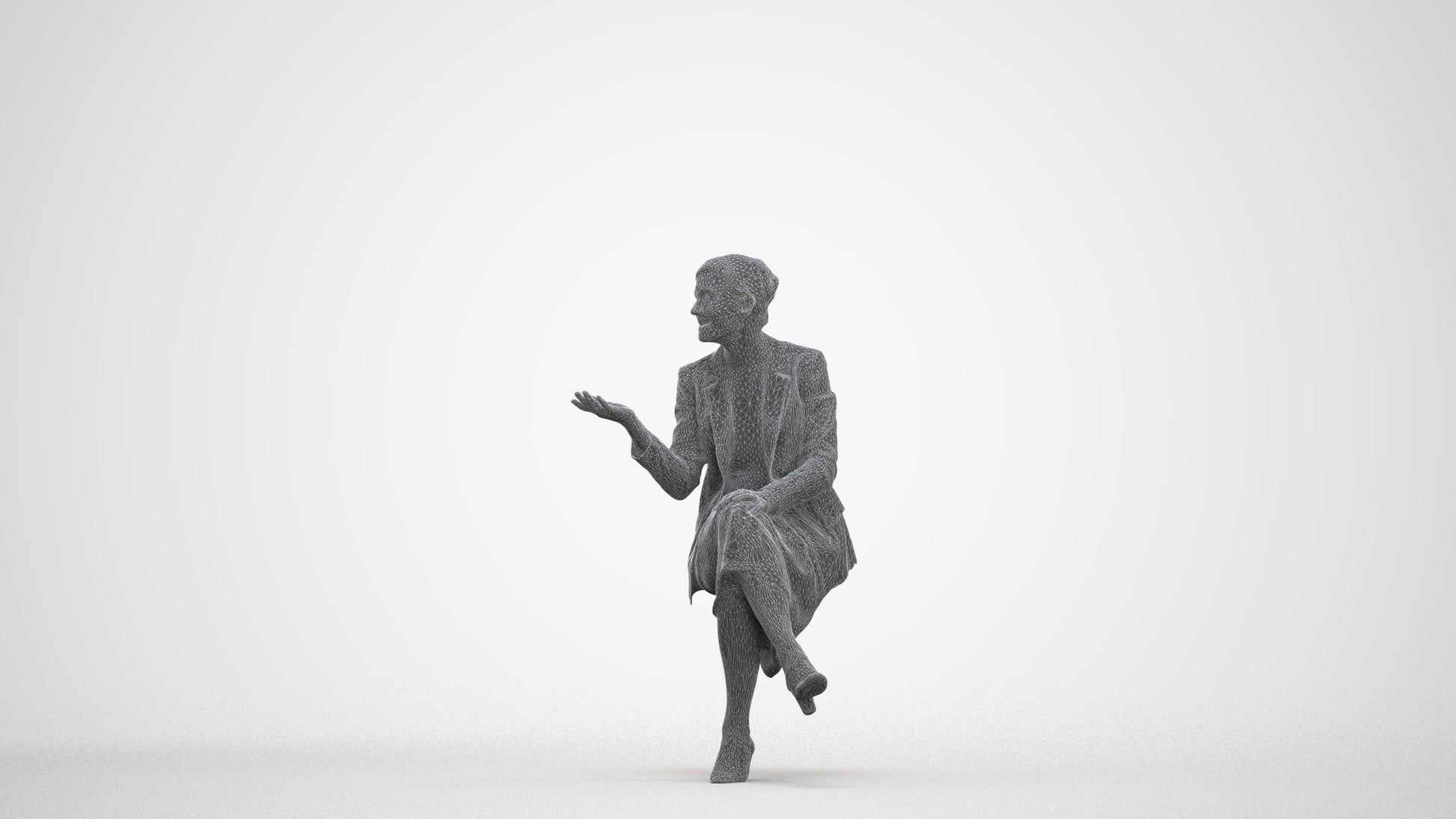 3D human model woman business sitting, photogrammetry scanned person for archviz, three-quarter front view render