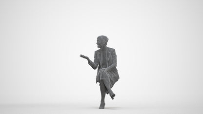 3D human model woman business sitting, photogrammetry scanned person for archviz, three-quarter front view render