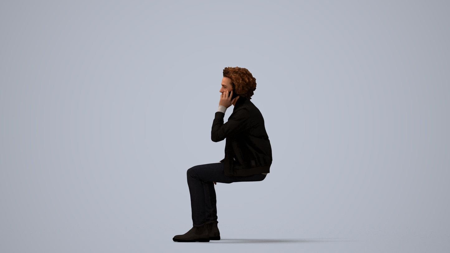 3D people model man casual sitting, scanned human for 3ds Max rendering, three-quarter view render