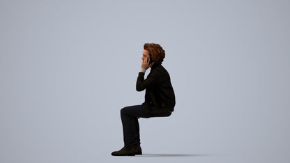 3D people model man casual sitting, scanned human for 3ds Max rendering, three-quarter view render