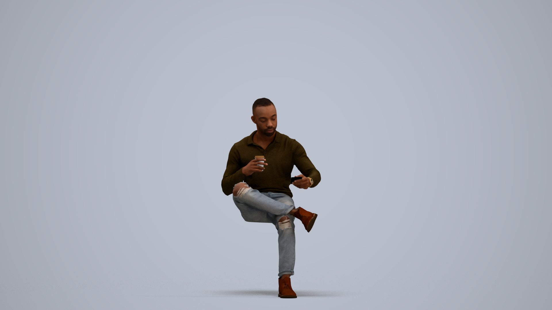 realistic 3D man casual sitting, scanned archviz people for Blender and 3ds Max, standing pose render