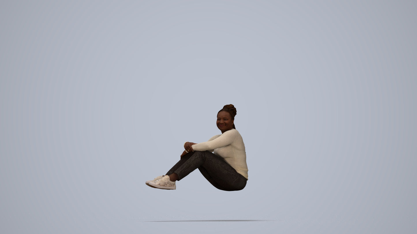 photogrammetry 3D woman casual sitting, realistic human model archviz FBX, top-down view render