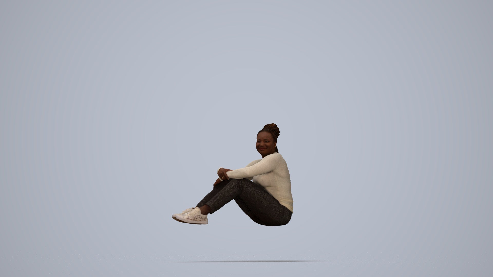 photogrammetry 3D woman casual sitting, realistic human model archviz FBX, top-down view render