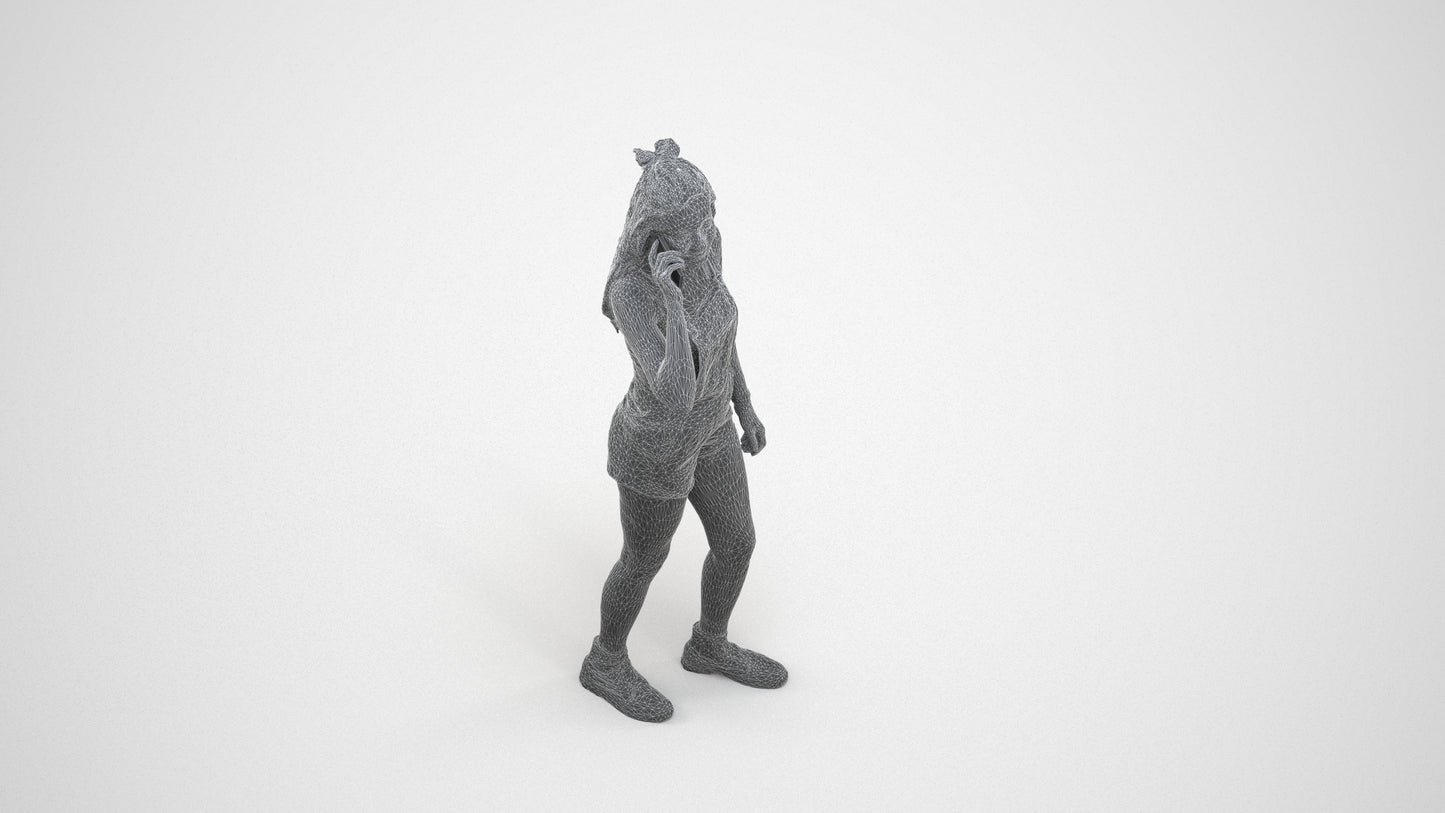 realistic 3D woman casual standing, scanned archviz people for Blender and 3ds Max, wireframe three-quarter view