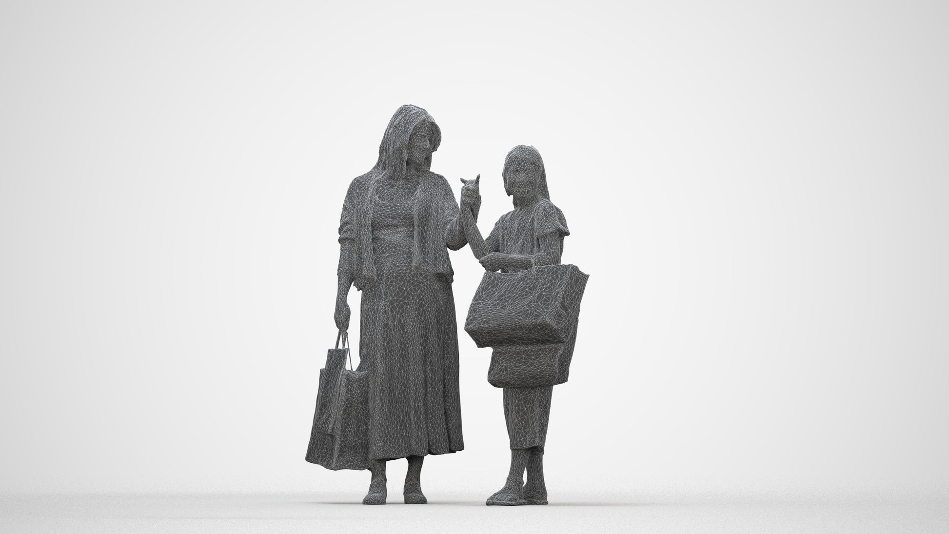 3D human model girl casual shopping, photogrammetry scanned person for archviz, wireframe back view