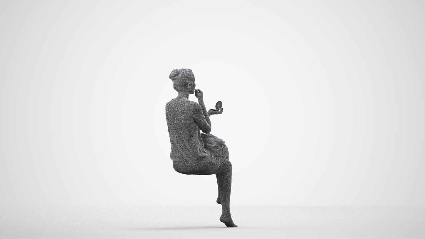 realistic 3D woman casual sitting, scanned archviz people for Blender and 3ds Max, wireframe side view