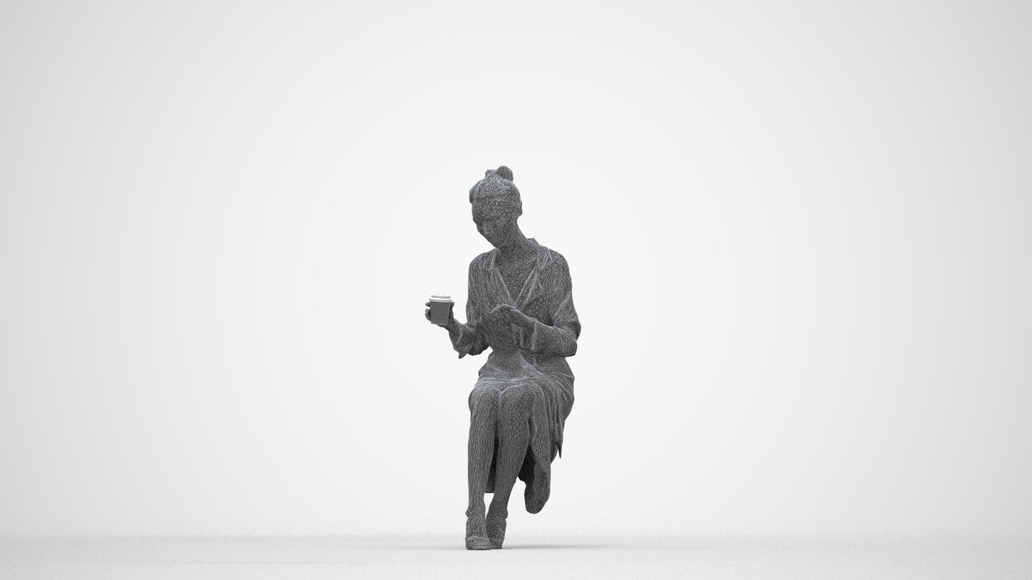 realistic 3D people woman casual sitting, render-ready for V-Ray and Corona, FBX OBJ, wireframe back view