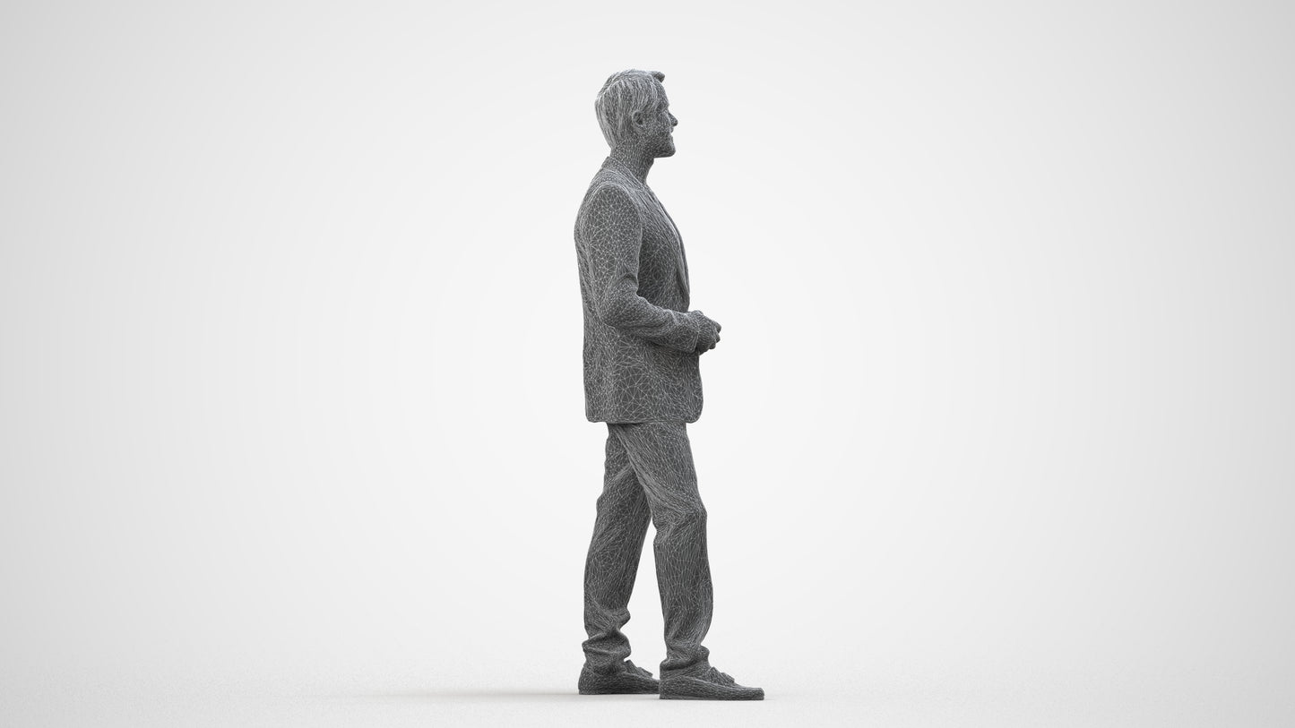 realistic 3D man formal cycling, scanned archviz people for Blender and 3ds Max, wireframe side view