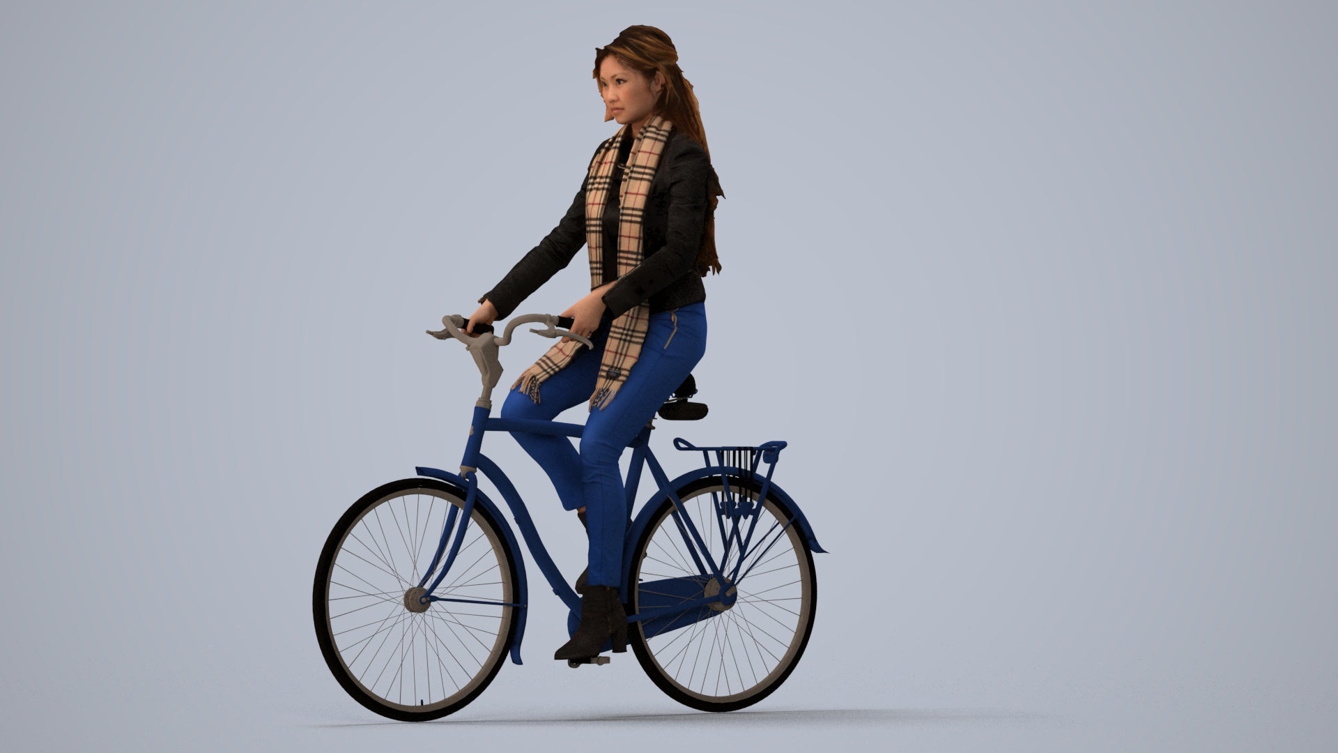 realistic 3D woman casual cycling, scanned archviz people for Blender and 3ds Max, three-quarter view render